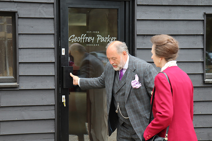 HRH The Princess Royal entering Geoffrey Parker's workshop