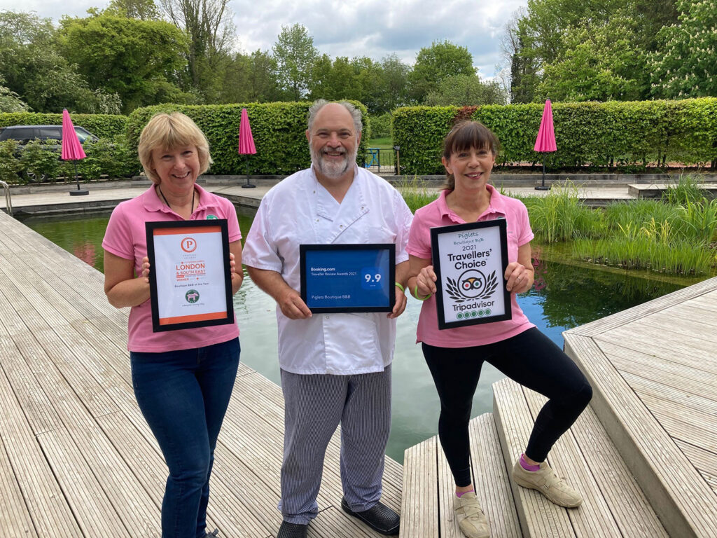 Nicky, Max and Chrissie photographed with awards at Piglets Boutique B&B