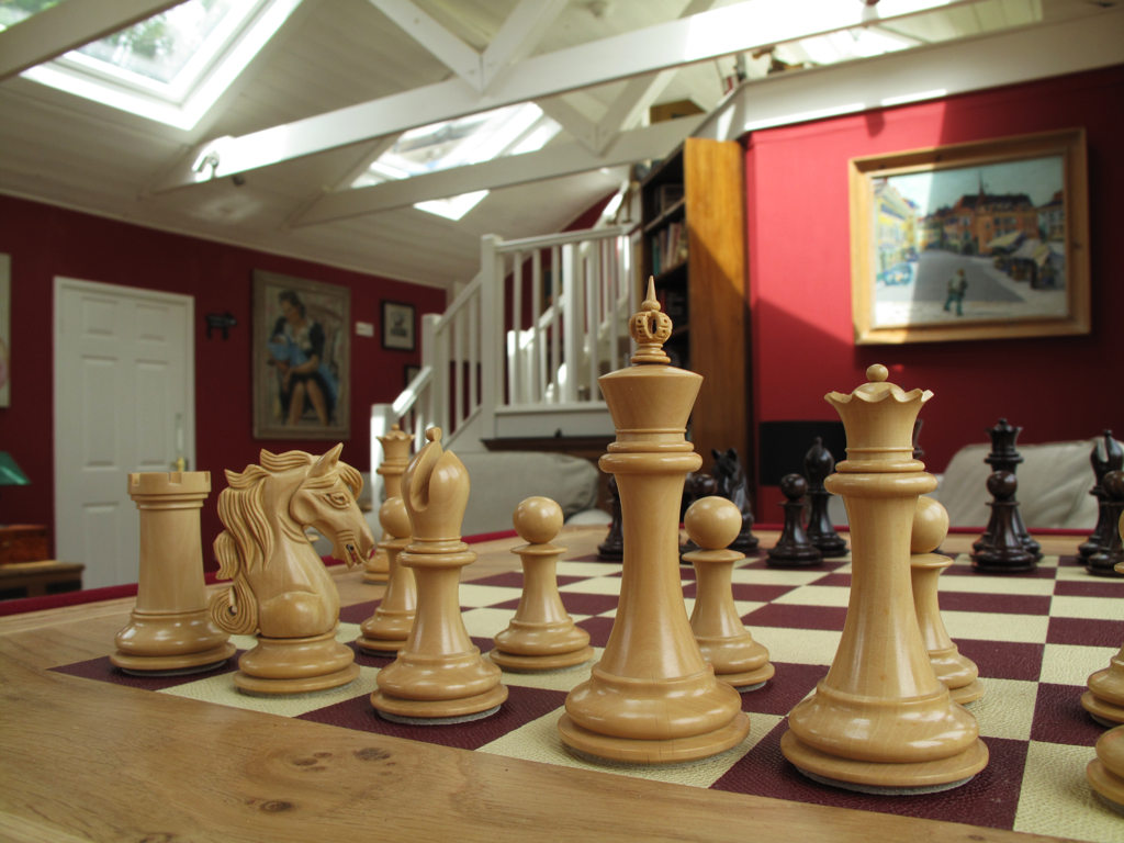 Luxury championship chess pieces ready for play n Piglets' guest lounge