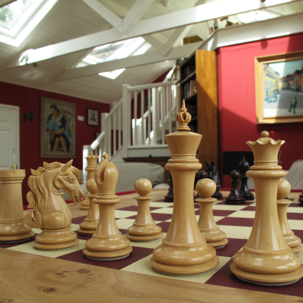 Luxury championship chess pieces ready for play n Piglets' guest lounge