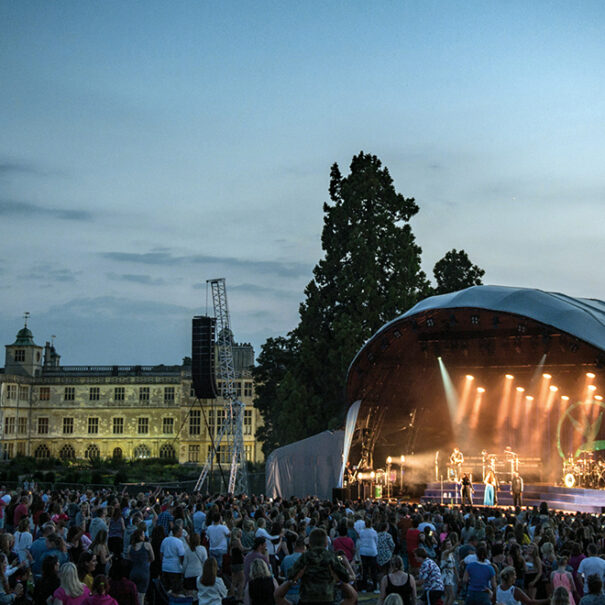 Bands on stage at Audley End House, just 10 minutes from Piglets