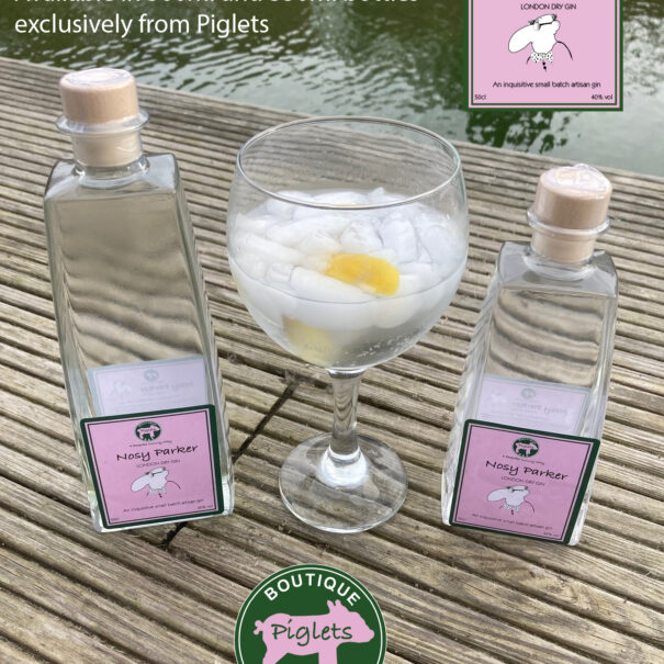 Nosy Parker London Dry Gin glasses and bottles at Piglets Boutique B&B