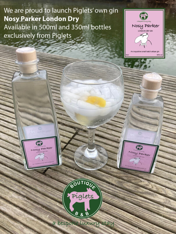 Nosy Parker London Dry Gin glasses and bottles at Piglets Boutique B&B