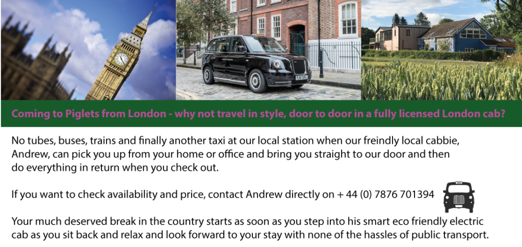 London taxi that will pick you up from your London address and deliver you direct to Piglets door