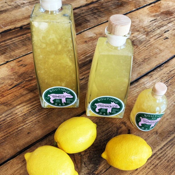 Homemade Limoncello and Ginello with lemons at Piglets Boutique Country Stay