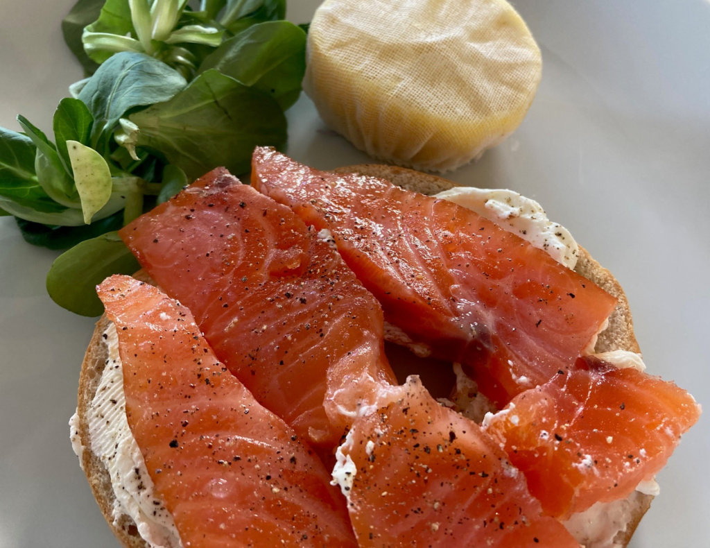 Smoked salmon bagel with cream cheese served at Piglets Boutique Country Stay