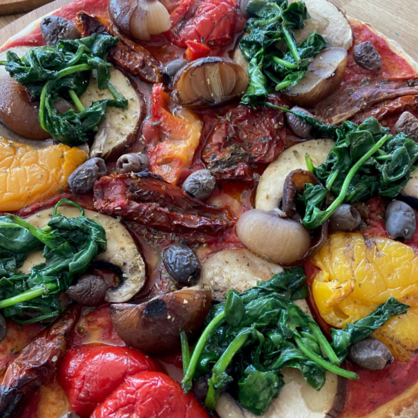 Vegan Roma style pizza detail photo as served at Piglets Boutique Country Stay